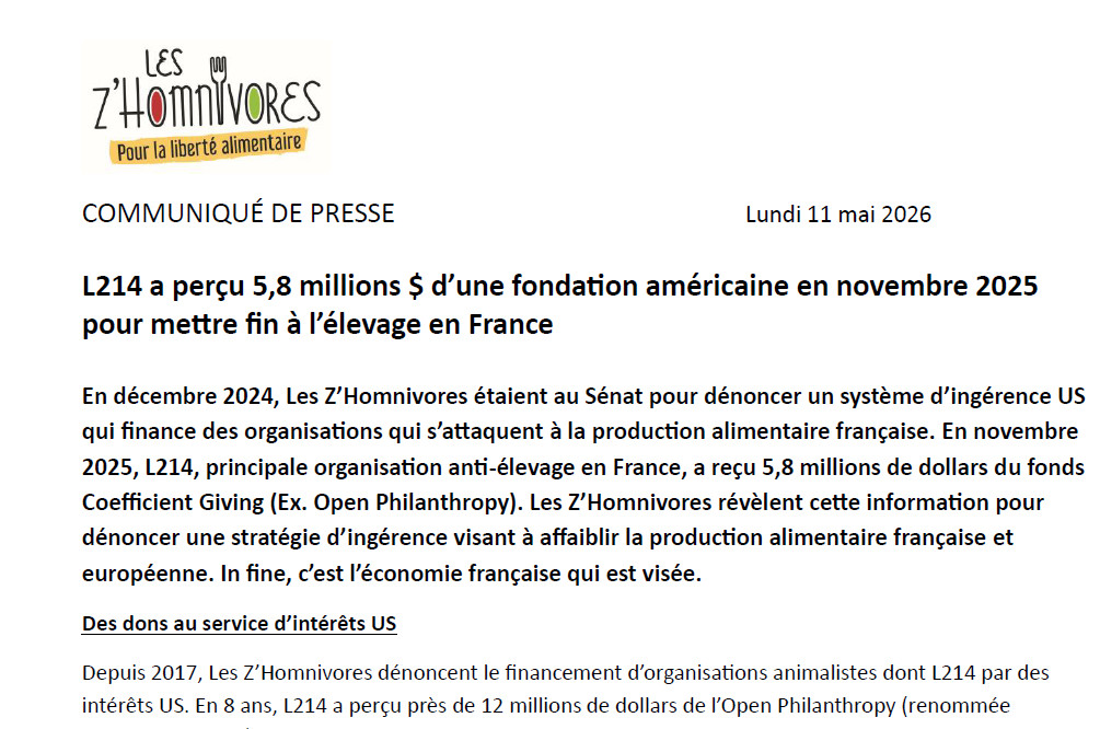 L214 a perçu 5,8 millions $ d’une fondation américaine en novembre 2025 pour mettre fin à l’élevage en France
